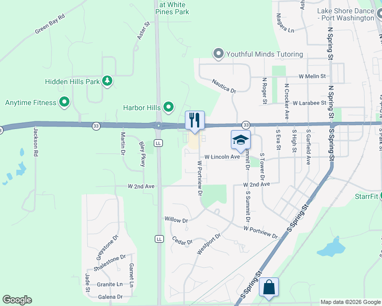 map of restaurants, bars, coffee shops, grocery stores, and more near 1579 West Portview Drive in Port Washington