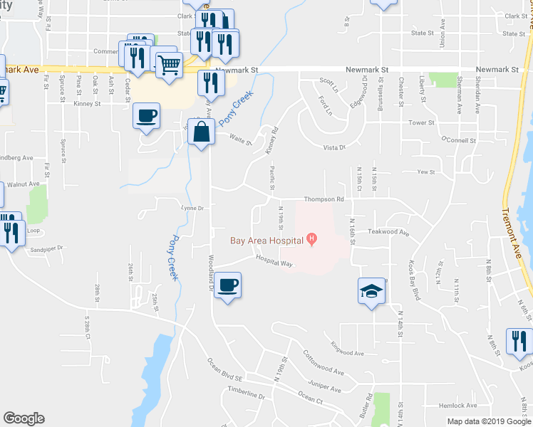 map of restaurants, bars, coffee shops, grocery stores, and more near 1957 Thompson Road in Coos Bay