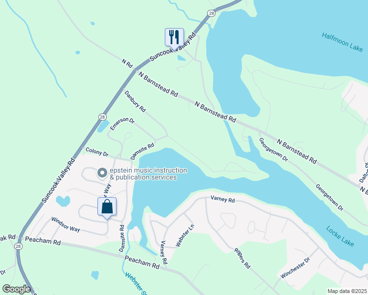 map of restaurants, bars, coffee shops, grocery stores, and more near 65 Bradford Lane in Barnstead