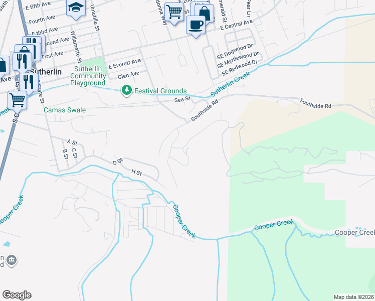 map of restaurants, bars, coffee shops, grocery stores, and more near 642 Brooks Loop in Sutherlin