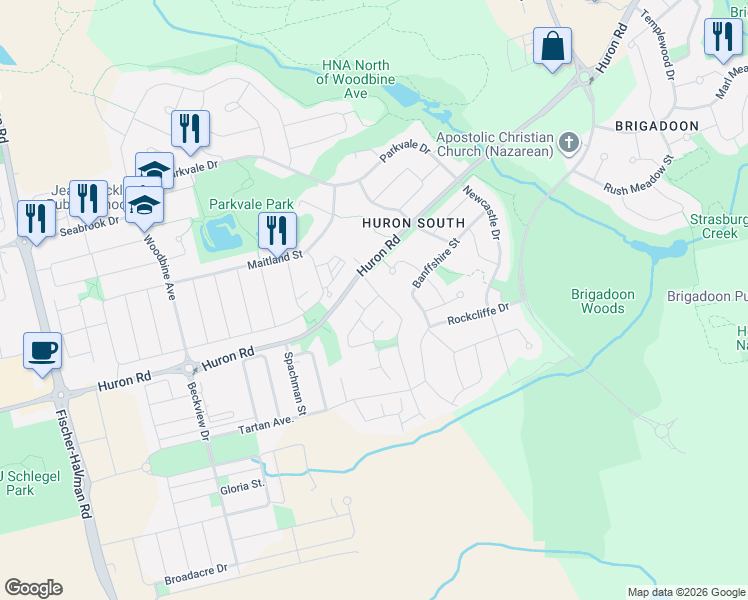 map of restaurants, bars, coffee shops, grocery stores, and more near in Kitchener