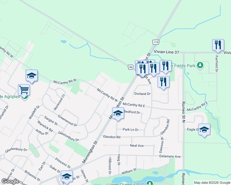 map of restaurants, bars, coffee shops, grocery stores, and more near 78 White Street in Stratford
