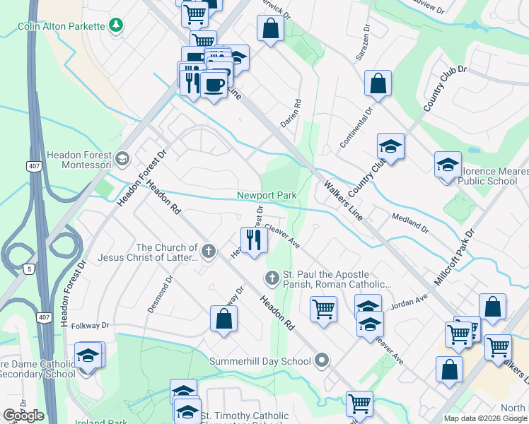 map of restaurants, bars, coffee shops, grocery stores, and more near 2215 Cleaver Avenue in Burlington