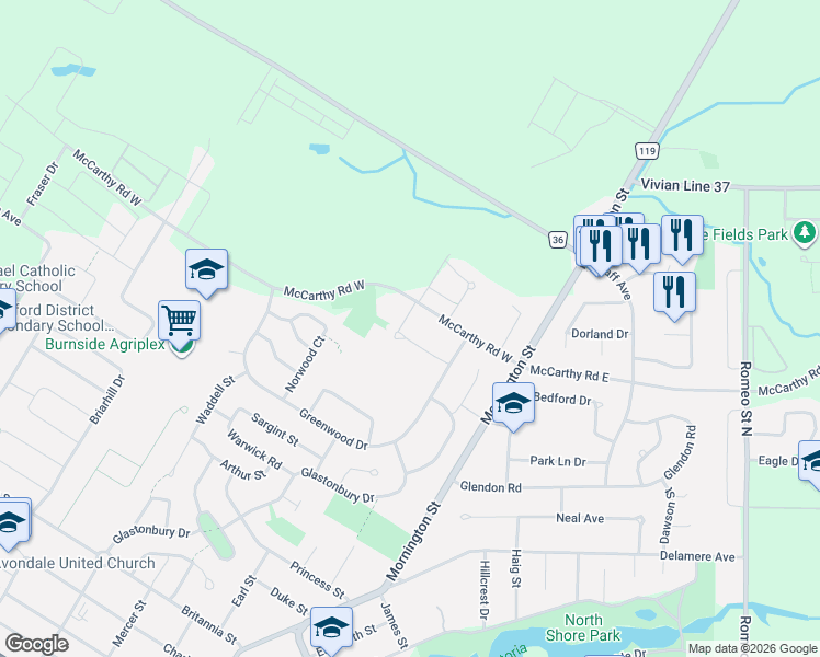 map of restaurants, bars, coffee shops, grocery stores, and more near 50 Campbell Court in Stratford