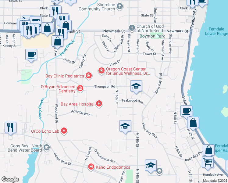 map of restaurants, bars, coffee shops, grocery stores, and more near 1630 Underwood Avenue in Coos Bay