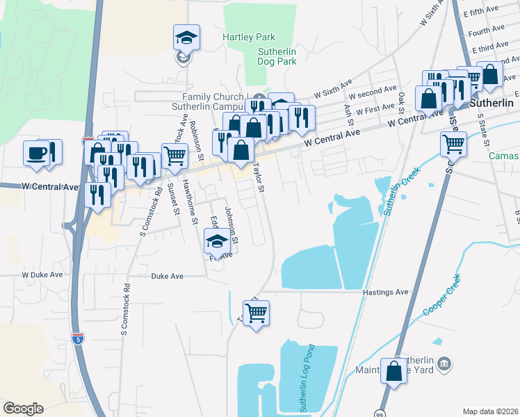 map of restaurants, bars, coffee shops, grocery stores, and more near 303 Taylor Street in Sutherlin