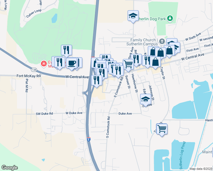 map of restaurants, bars, coffee shops, grocery stores, and more near 1484 West Central Avenue in Sutherlin