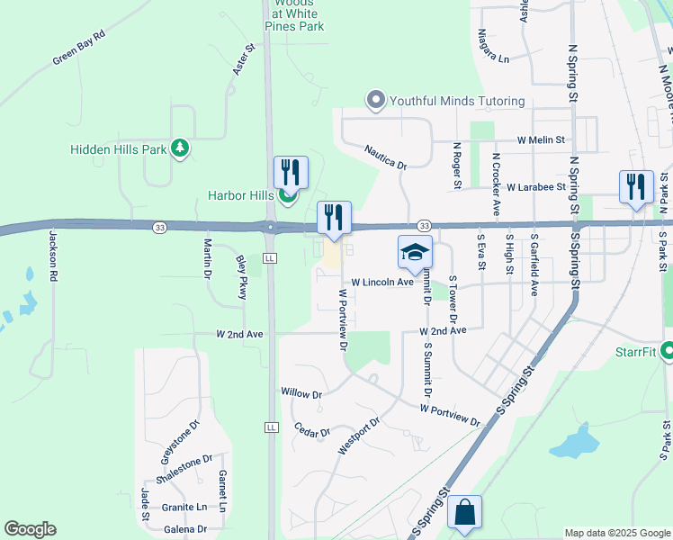 map of restaurants, bars, coffee shops, grocery stores, and more near 1407 West Grand Avenue in Port Washington