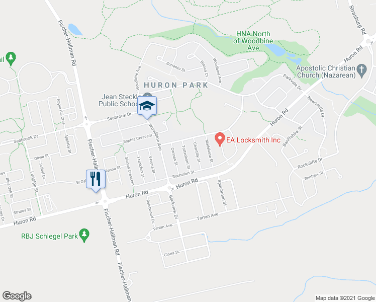 map of restaurants, bars, coffee shops, grocery stores, and more near 58 Tottenham Street in Kitchener