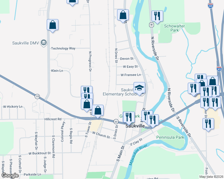map of restaurants, bars, coffee shops, grocery stores, and more near 391 North Dries Street in Saukville