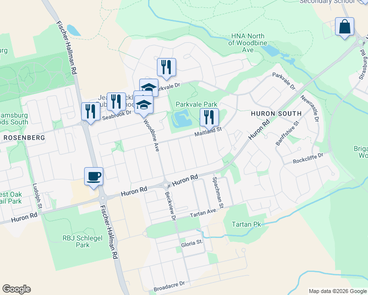 map of restaurants, bars, coffee shops, grocery stores, and more near in Kitchener