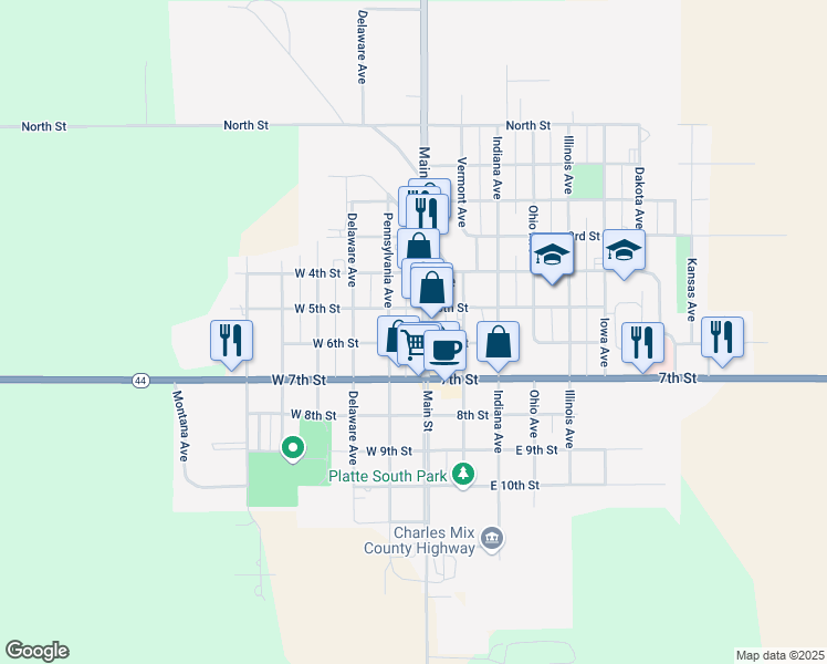 map of restaurants, bars, coffee shops, grocery stores, and more near 500 Main Street in Platte