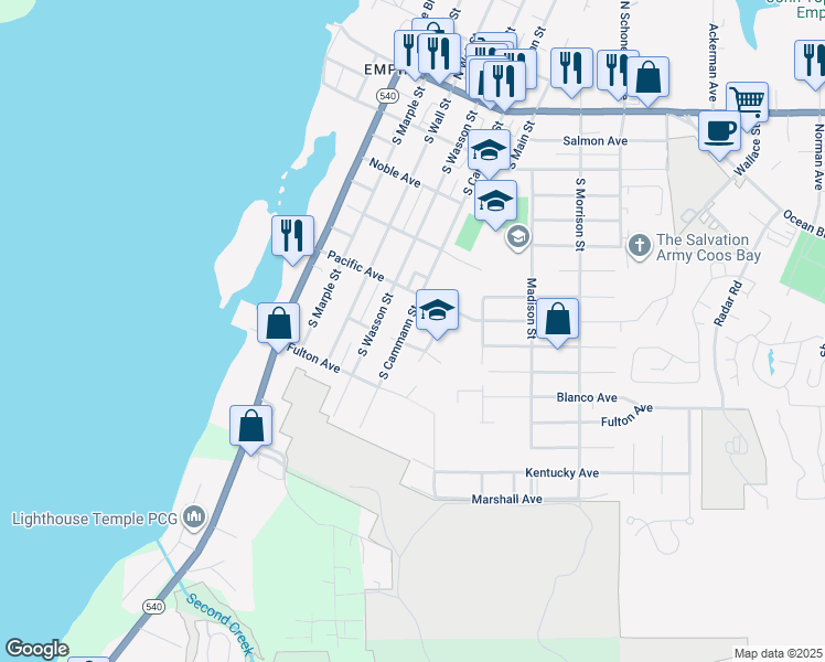 map of restaurants, bars, coffee shops, grocery stores, and more near 585 South Cammann Street in Coos Bay