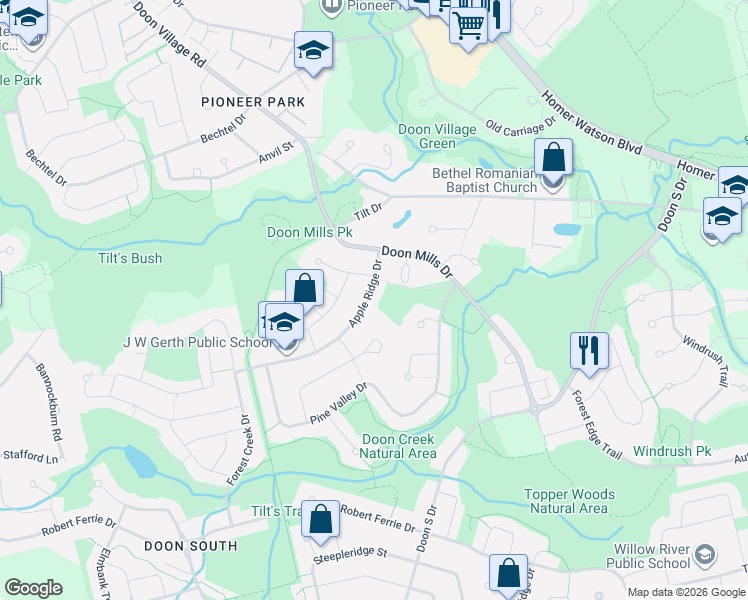 map of restaurants, bars, coffee shops, grocery stores, and more near 48 Apple Ridge Drive in Kitchener
