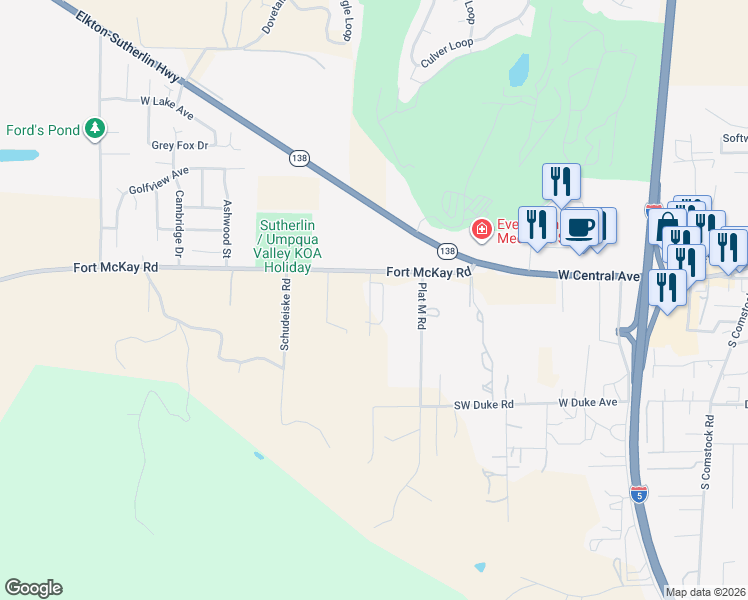 map of restaurants, bars, coffee shops, grocery stores, and more near 126 Coles Valley Street in Sutherlin