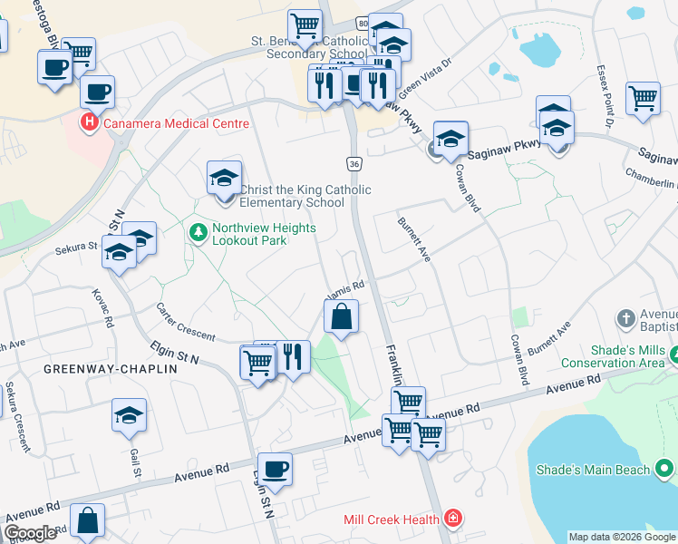 map of restaurants, bars, coffee shops, grocery stores, and more near 210 Glamis Road in Cambridge