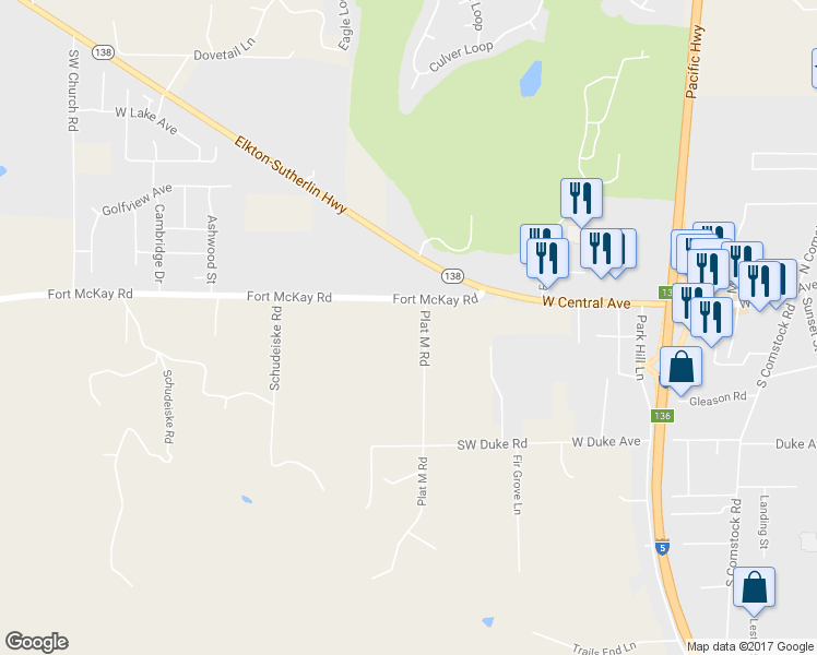 map of restaurants, bars, coffee shops, grocery stores, and more near 141 Plat M Road in Sutherlin