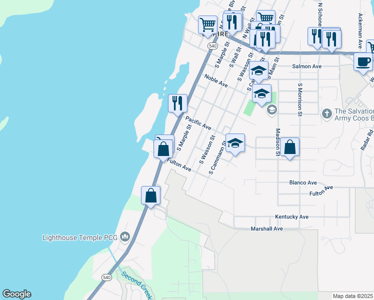 map of restaurants, bars, coffee shops, grocery stores, and more near 570 South Wall Street in Coos Bay