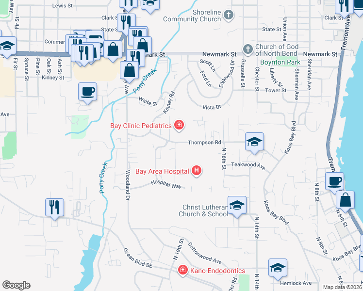 map of restaurants, bars, coffee shops, grocery stores, and more near 1865 Thompson Road in Coos Bay