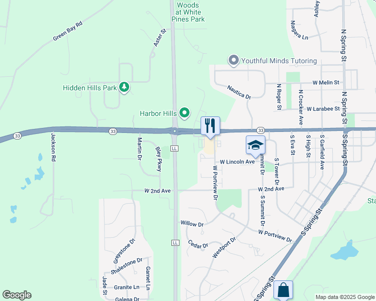 map of restaurants, bars, coffee shops, grocery stores, and more near 1475 West Grand Avenue in Port Washington