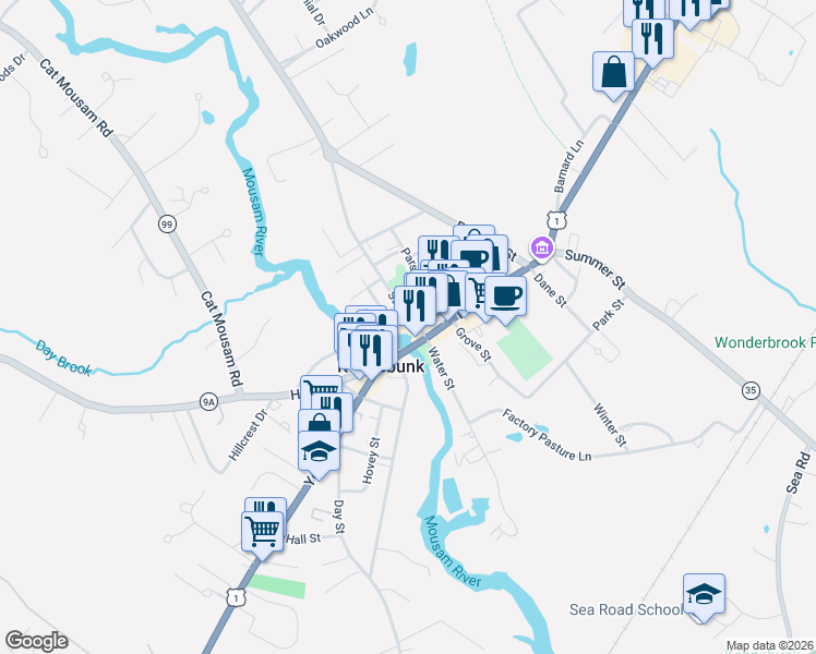 map of restaurants, bars, coffee shops, grocery stores, and more near 1 Storer Street in Kennebunk