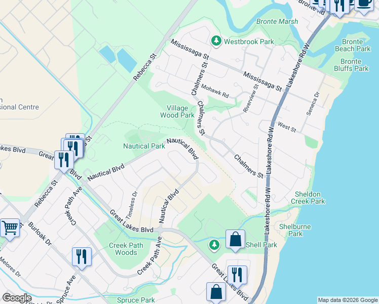 map of restaurants, bars, coffee shops, grocery stores, and more near 262 Nautical Boulevard in Oakville