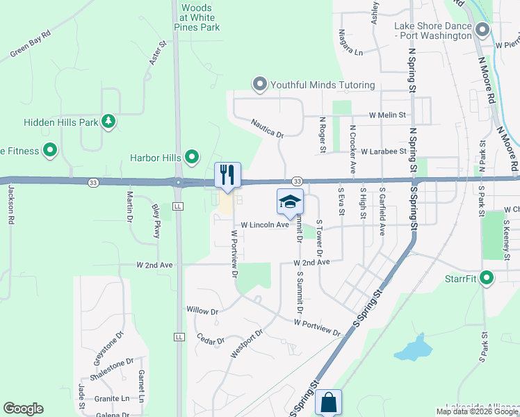 map of restaurants, bars, coffee shops, grocery stores, and more near 1300 West Lincoln Avenue in Port Washington