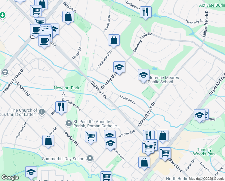 map of restaurants, bars, coffee shops, grocery stores, and more near 2229 Walkers Line in Burlington