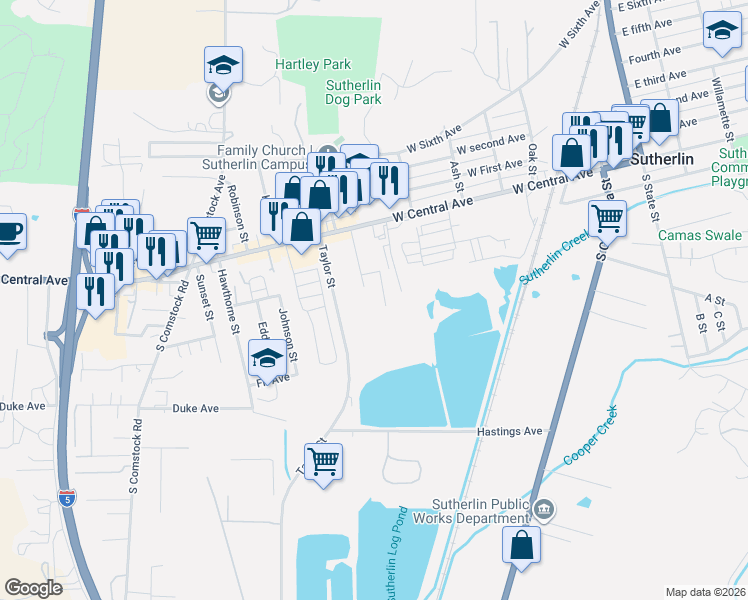 map of restaurants, bars, coffee shops, grocery stores, and more near 240 Miller Street in Sutherlin