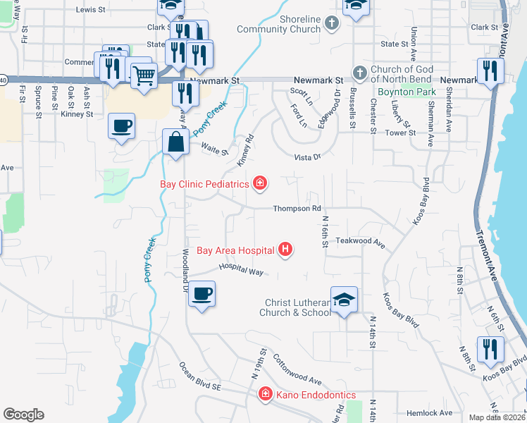 map of restaurants, bars, coffee shops, grocery stores, and more near 1865 Thompson Road in Coos Bay