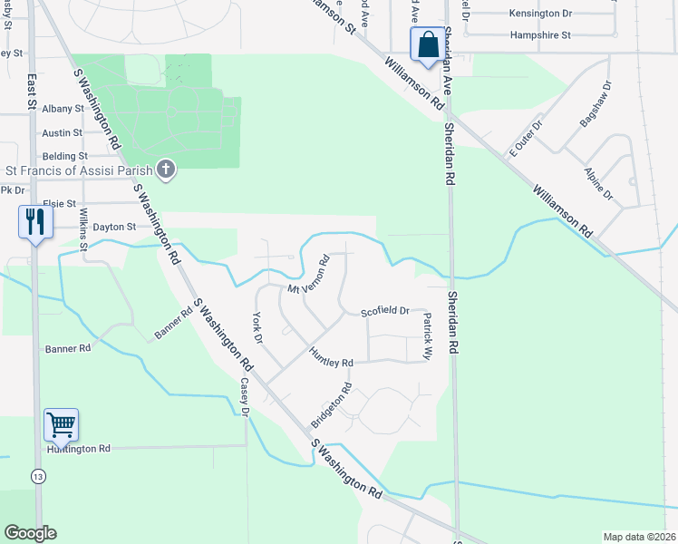 map of restaurants, bars, coffee shops, grocery stores, and more near 1331 Mount Vernon Road in Saginaw