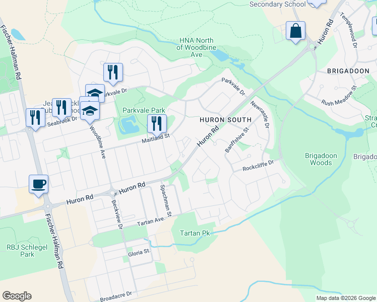map of restaurants, bars, coffee shops, grocery stores, and more near 731 Huron Road in Kitchener