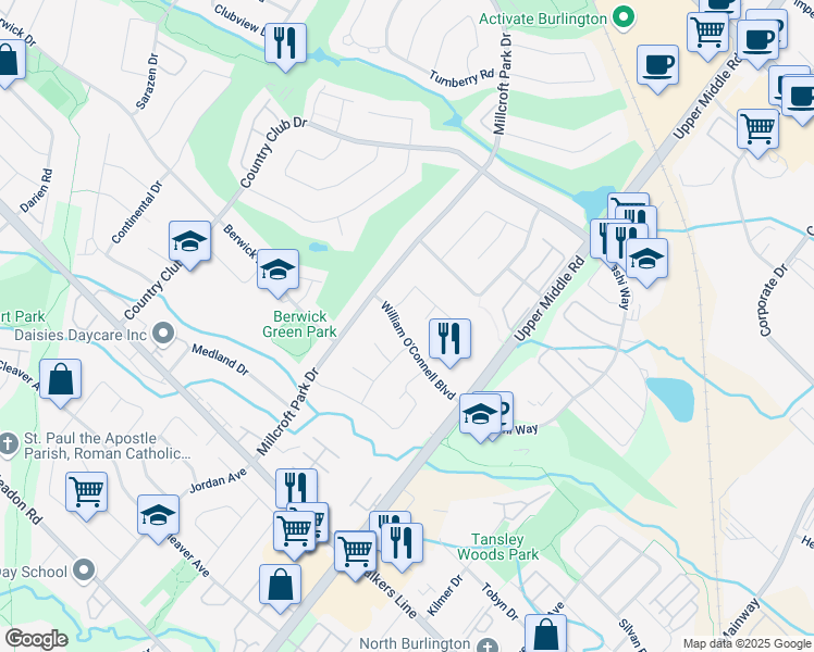 map of restaurants, bars, coffee shops, grocery stores, and more near 2077 William O'Connell Boulevard in Burlington