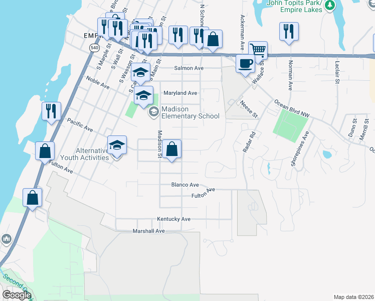 map of restaurants, bars, coffee shops, grocery stores, and more near 1025 Pacific Drive in Coos Bay