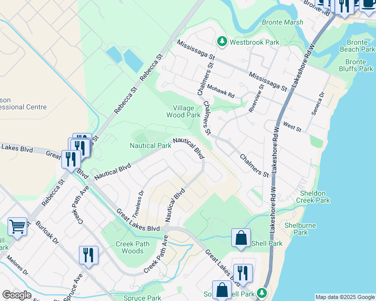 map of restaurants, bars, coffee shops, grocery stores, and more near 277 Admiral Drive in Oakville