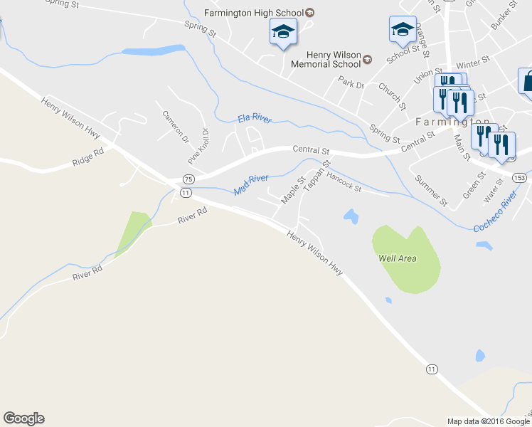 map of restaurants, bars, coffee shops, grocery stores, and more near 23 High Street in Farmington