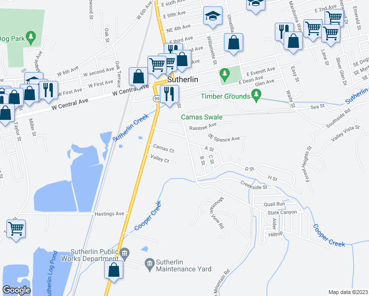 map of restaurants, bars, coffee shops, grocery stores, and more near 427 South State Street in Sutherlin