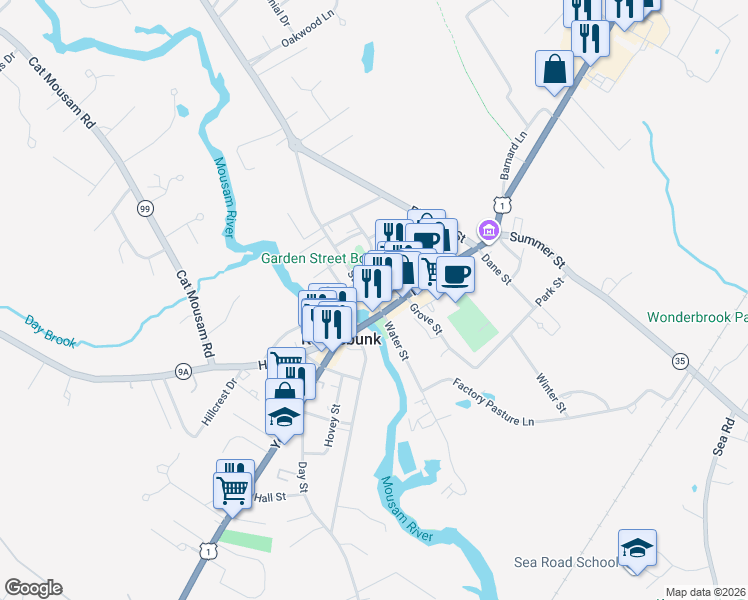 map of restaurants, bars, coffee shops, grocery stores, and more near 3 Storer Street in Kennebunk