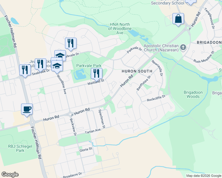 map of restaurants, bars, coffee shops, grocery stores, and more near 164 Rochefort Street in Kitchener
