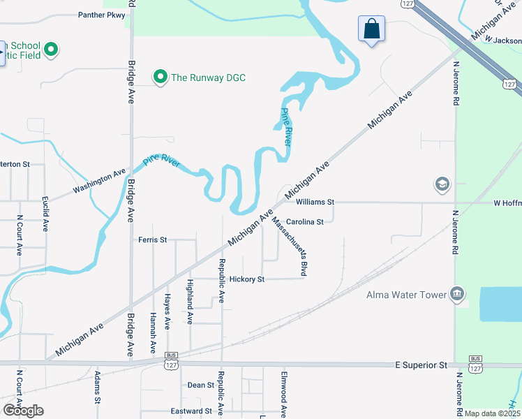 map of restaurants, bars, coffee shops, grocery stores, and more near 1421 Michigan Avenue in Alma