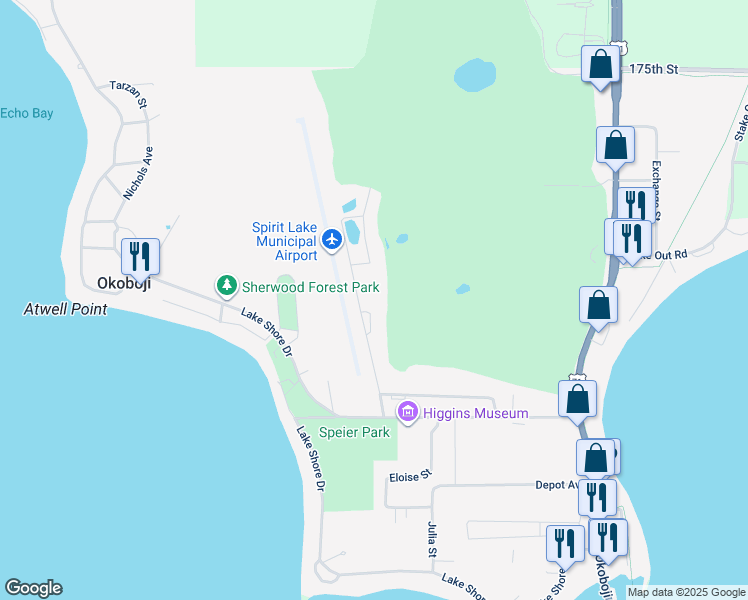 map of restaurants, bars, coffee shops, grocery stores, and more near 1622-2398 Country Club Drive in Okoboji