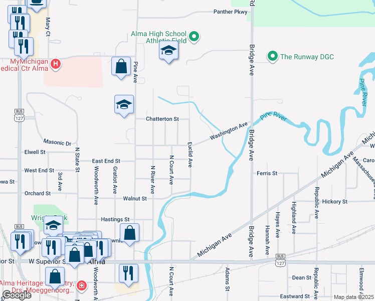 map of restaurants, bars, coffee shops, grocery stores, and more near 911 Euclid Avenue in Alma