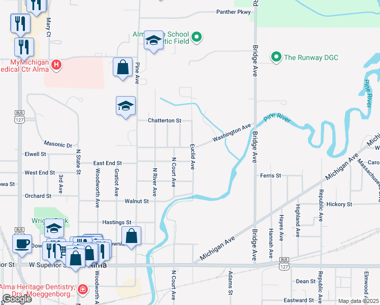 map of restaurants, bars, coffee shops, grocery stores, and more near 911 Euclid Avenue in Alma