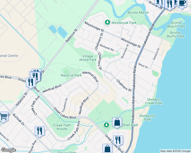 map of restaurants, bars, coffee shops, grocery stores, and more near 261 Nautical Boulevard in Oakville