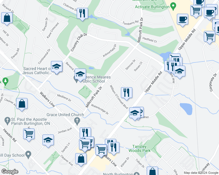 map of restaurants, bars, coffee shops, grocery stores, and more near 2084 William O'Connell Boulevard in Burlington