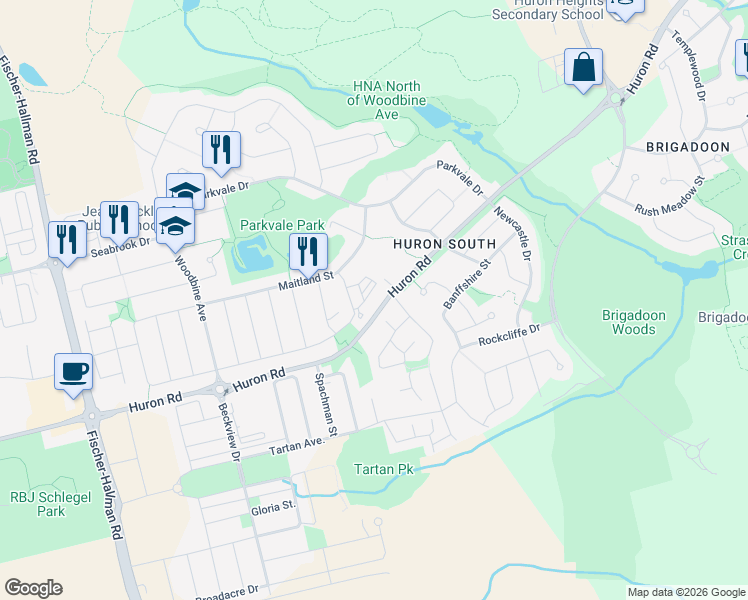 map of restaurants, bars, coffee shops, grocery stores, and more near 160 Rochefort Street in Kitchener