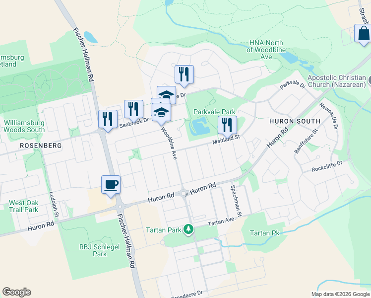 map of restaurants, bars, coffee shops, grocery stores, and more near Cannes Street in Kitchener