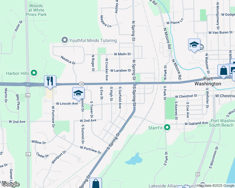 map of restaurants, bars, coffee shops, grocery stores, and more near 129 South Garfield Avenue in Port Washington