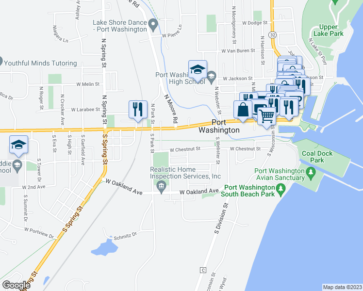 map of restaurants, bars, coffee shops, grocery stores, and more near 514 West Chestnut Street in Port Washington