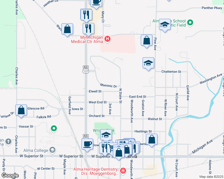 map of restaurants, bars, coffee shops, grocery stores, and more near 126 Elwell Street in Alma